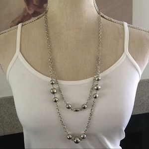 Double strand layered faceted silver beaded chain necklace